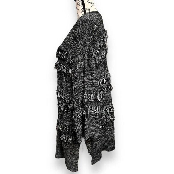Knox Rose L Black White Fringe Cardigan Boho Open Front Chunky Knit Sweater Coat - Picture 5 of 11
